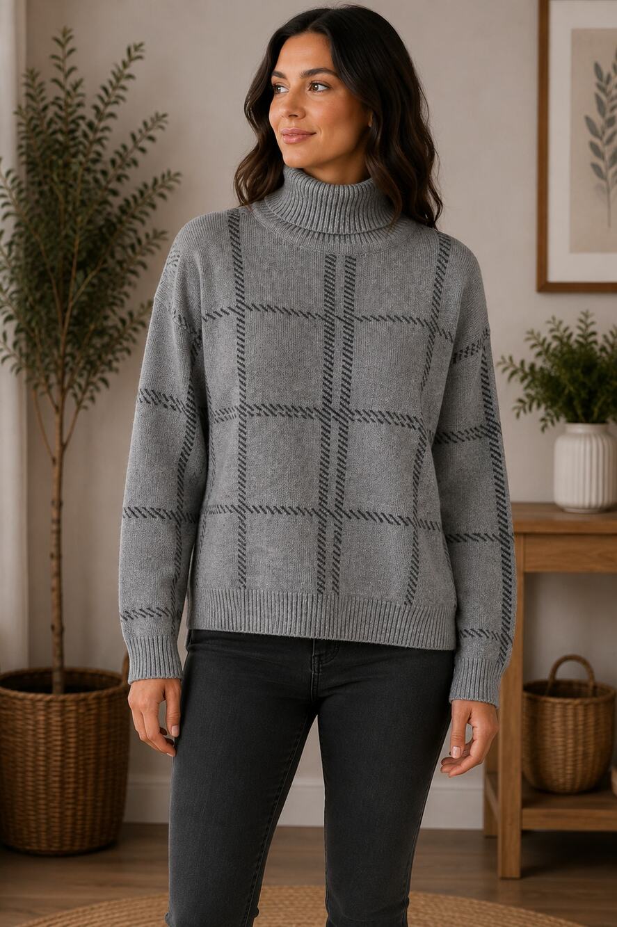 JODIFL Charcoal and Black Grid Turtleneck Sweater XS NEW